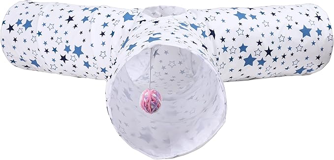 Cat Tunnel,Large Cat Tunnel for Indoor Cat, Kitten Toys Collapsible 3 Ways Play Toy, Pet Tube Hideaway Tunnel with Ball for Cats Rabbits Kittens (White Blue Star Large)