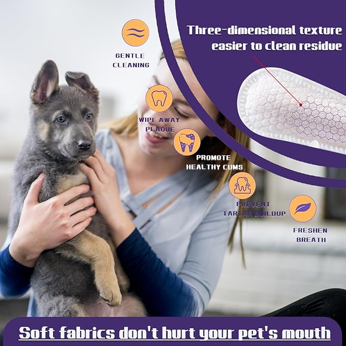 55 Counts Dogs & Cats Dental Care Wipes - Dog Teeth Cleaning Finger Wipes - Dog Tooth Brushing Kit Dental Wipes - Remove Bad Breath by Removing Plaque and Tartar Buildup & Freshens Breath
