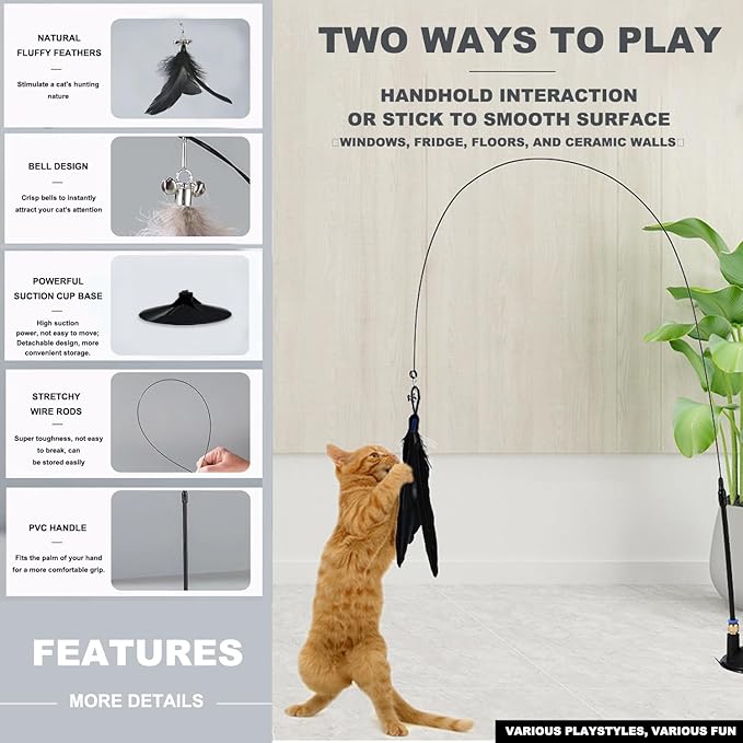 Interactive Cat Toys for Indoor Cats,4PCS Retractable Cat Feather Toy, 2PCS Silvervine Sticks Catnip Toys for Teeth Cleaning,2PCS Bouncy Ball Cat Toy w/Tail,Kitten Toys for Chasing Exercise