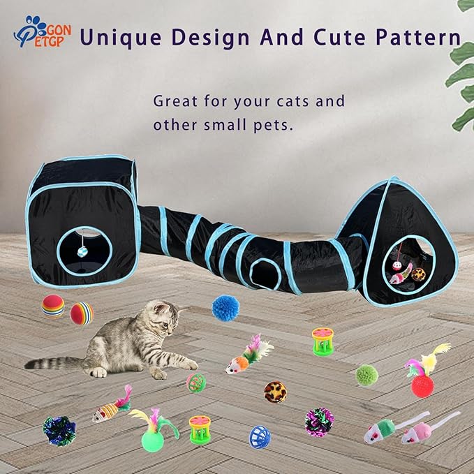 Cat Toys for Indoor Cats, Kitten Toys Set, Collapsible Pet Tunnel Cube Tent Toys, Interactive Cat Feather Teaser Wand Cat Bell Balls Fuzzy Ball Springs Mouse Toys for Cat Kitty (Black)
