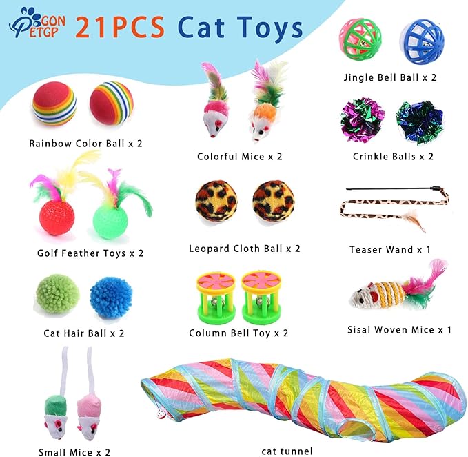 Cat Toys Kitten Toys for Indoor Cats Collapsible Cat Tunnels Tube Toy Bundle Pack, Cat Feather Teaser Interactive Feather Toy Fluffy Mouse Crinkle Balls Play for Cat Puppy Kitten