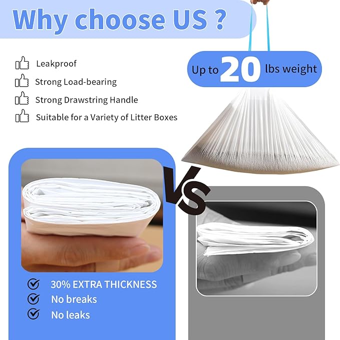 60 Count Small Cat Litter Box Liners, Heavy Duty Cat Litter Bags, Extra Thick Litter Pan Liners with Drawstring for Pet Cat Litter Tray (Blue, 26.4" x 15.8")