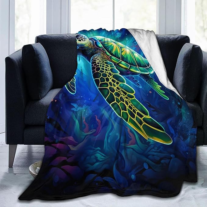 Sea Turtle Blue Blanket Turtles Shell Waves Flannel Throw Blankets for Home Decor Couch Bed Sofa Soft Fuzzy Lightweight Gifts for Kids Adult 80x60 Inches