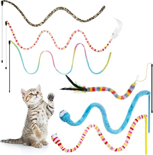 6 Pieces Cat Toys Interactive Cat Wand Toys with Feather and Bell Safe Cat Teaser Catcher Stick Toy Colorful and Sounding Christmas Wand Toys for Cats Kittens Training Pets Exerciser