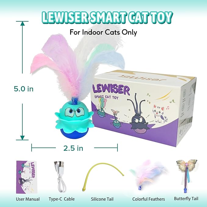 LEWISER Cat Toys Monster, 3in1 Rechargeable Automatic Interactive Cat Toy for Indoor Cats Exercise, Real Feathers, Silicone and Butterfly Tail, LED Lighting, Mice Squeak Chirping, Blue