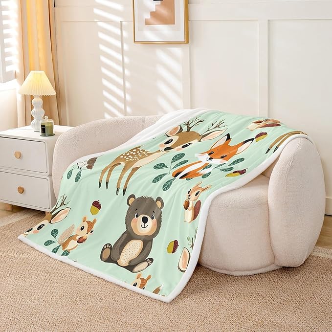 Kids Throw Blanket Boys Girls Bed Cute Fox Elk Bear Pattern Fleece Blanket Kawaii Zoo Animal Theme Plush Sherpa Blanket for Sofa Couch Super Soft Woodland Fox Nature Fuzzy BlanketThrow 50"x60"