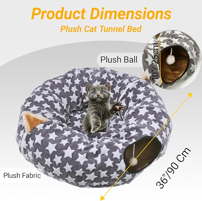 LUCKITTY Large Cat Tunnel Bed with Plush Cover,Fluffy Toy Balls, Small Cushion and Flexible Design- 10 inch Diameter, 3 ft Length- Great for Cats, and Small Dogs, Gray Star Pattern