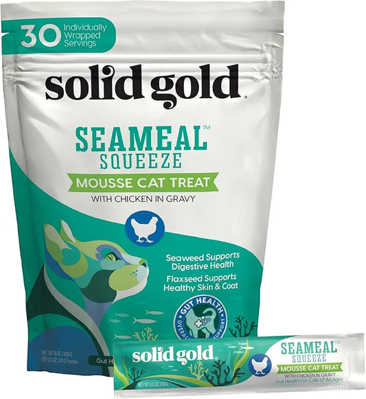 Solid Gold Lickable Cat Treats - Chicken SeaMeal Squeeze Squeezable Cat Treats for Indoor Cats 30 Pack - Made with Fiber-Rich Seaweed for Digestive Health & Immune Support - 3 oz / 30 Count
