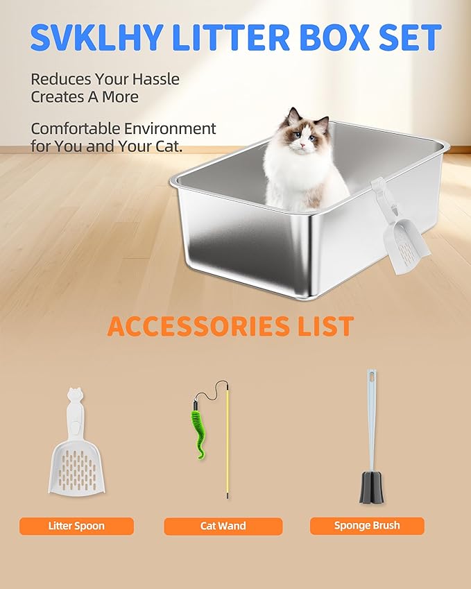 1 PCS Stainless Steel Cat Litter Box - [All-in-1 Starter Set] [Odorless] Large Metal Cat Litter Box, High Sided Litter Pan Tray for Cat&Rabbit Non-Sticky Anti-Leakage Easy Clean Rust Proof