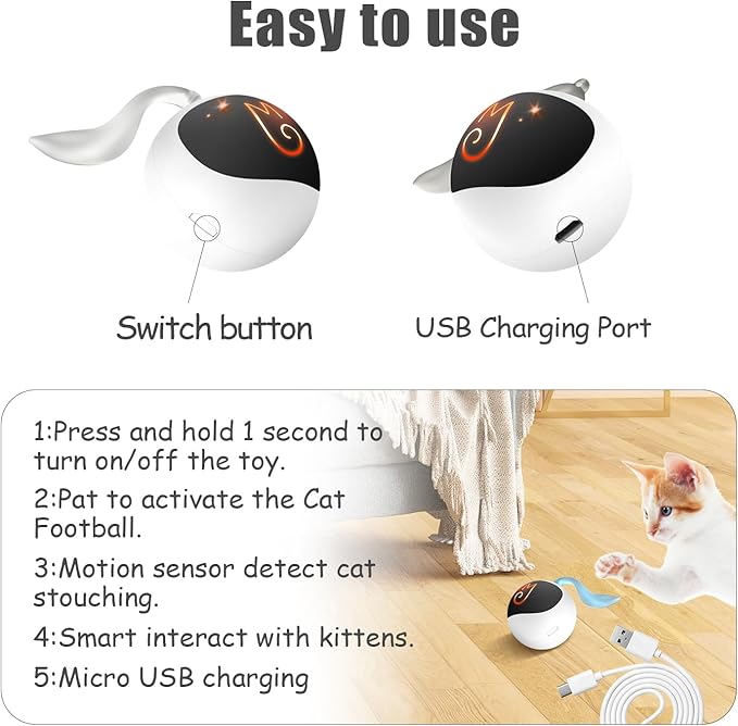 Migipaws Interactive Cat Ball Toy Set, Fun Tracker, Automatic Rolling Chase Ball with Fluffy Tail, A Small Mice, Rechargeable（White）