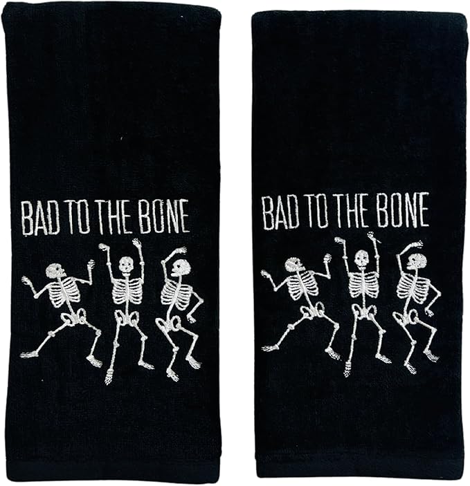 Halloween Bath Hand Towels 16”x25” Black Embroidered Cotton with Skeletons “Bad to The Bone” Set of 2 Fun Spooky Bathroom Decor for Fall Parties