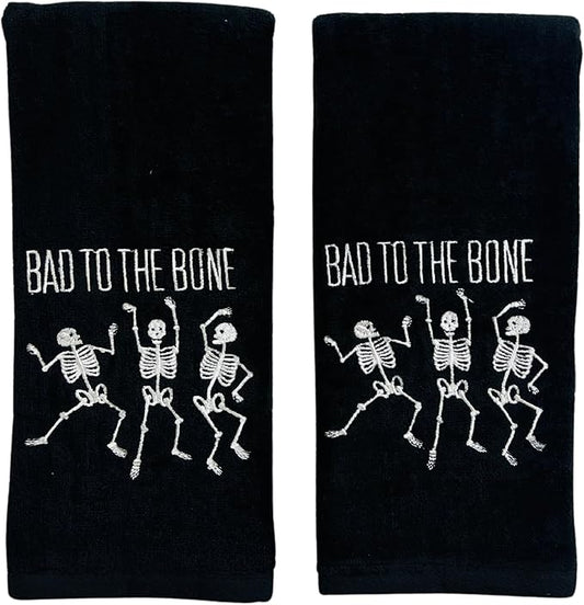 Halloween Bath Hand Towels 16”x25” Black Embroidered Cotton with Skeletons “Bad to The Bone” Set of 2 Fun Spooky Bathroom Decor for Fall Parties