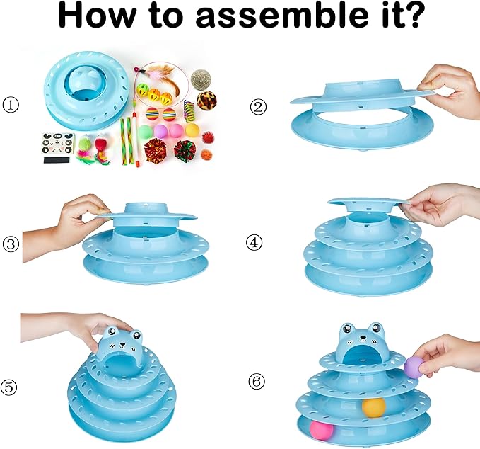 Suhaco Interactive Cat Toys for Indoor Cats Pack of 17 Fun Roller 4 Level Cat Tower with Cute Stickers Turntable Kittens Ball Teaser Toy (Blue 17 Pcs)