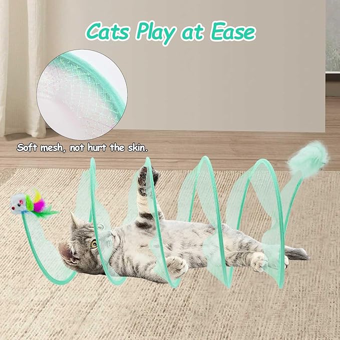 Cat Tunnel, 1PCS Folded Cat Tunnel Toy, Yellow Kitten Tube Cat Springs for Indoor with Feather, Mouse Toys Interactive Cat Toy Tunnel Self-Happy Cat Toys, S-Type Collapsible Tent Cyan