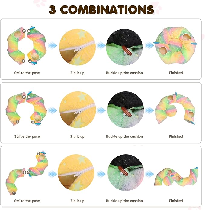 Cat Tunnel Bed for Indoor Cats,Cat Donut Tunnel with 4 Holes & Plush Ball Toys,Collapsible Self-Luminous Multifunctional Pet Playground Toys Hideplace for Kitten/Puppy/Rabbit,Rainbow