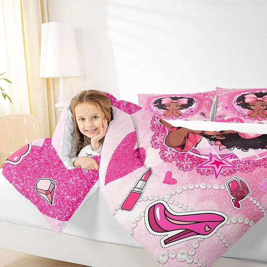 Black Princess Girly Comforter Set Queen Size,High-heeled Shoes Lip Bowknot Diamond Bedding Set,Girls Women Room Decor,African American Girls Down Comforter,Pink Cute Duvet Insert,2 Pillowcases
