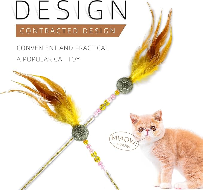 Telescopic Feather cat Toys Combination Interactive Cat Teaser Wand Cat Feather Toys with Loud Bell Long for Cat and Kitten (A-4Pcs)