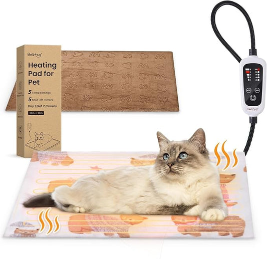 Bearhug Cat Heating Pad, Pet Heating Pad 18"×18"[Two Replaceable Cover] Adjustable Temperature Dog Heating Pad with Steel-Wrapped Cord, Waterproof and Chew-Resistant for Cats Puppies Small Animals