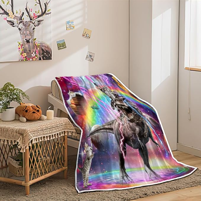 Funny Dinosaur Blankets, Farmhouse Cool Cat Riding Dino in Purple Galaxy Space Food Fleece Throw Blanket All Season Cozy Soft Lightweight Couch Sofa Bed Bedding