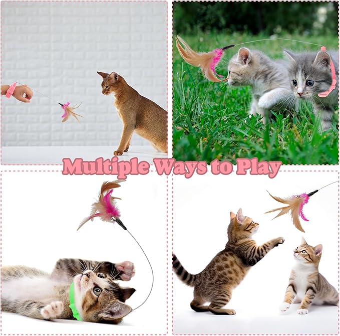 Cat Collar Toy, 3 Pcs Cat Feather Toy with Neck Collar, Interactive Self Playing Toys with Bell for Indoor Kittens Small Animals(Pink/Blue/Green)