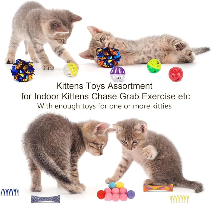Retro Shaw Cat Toys for Indoor Cats 33 Pack,Kitten Toy Interactive Cat Feather Toy,Collapsible Cat Tunnel Tube Tent,Cat Springs Bell Rainbow Ball Crinkle Toy Mice Toy Pompom Ball Kitty Chase Exercise