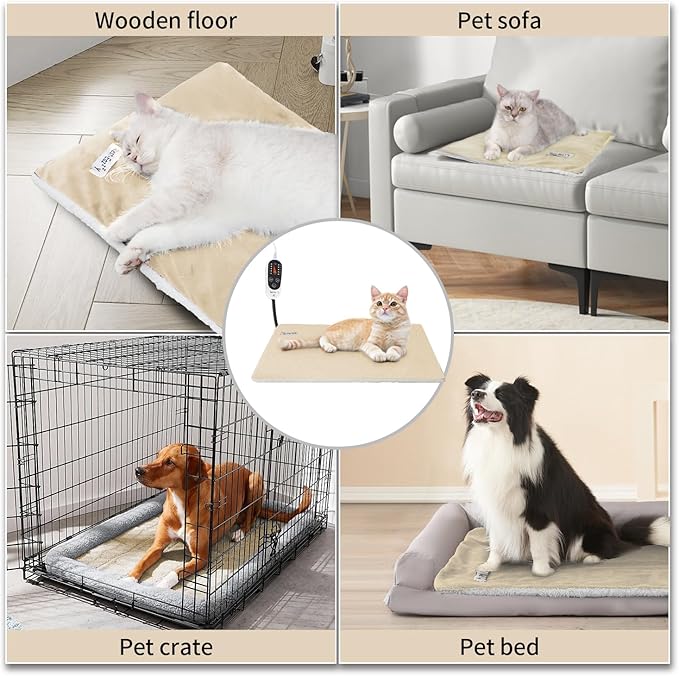 Rest-Eazzzy Cat Heating Pad, Cat Bed with Removable Cover Heated Cat Bed 5 Level Timer and 5 Level Temperature, Cat Beds for Indoor Warming Mat for Cat Dog (Heat pad, Pure-Beige)