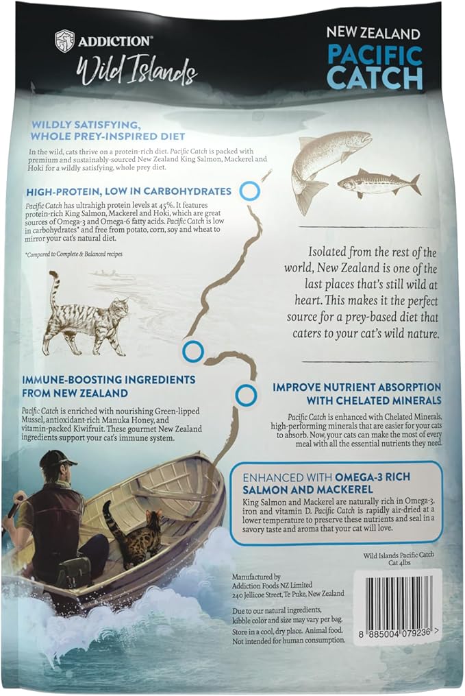 Addiction Wild Islands Pacific Catch – Premium King Salmon, Mackerel & Hoki Recipe – 45% Ultra-High Protein, Whole Prey, Grain-Free Dry Cat Food for All Life Stages – 4lbs