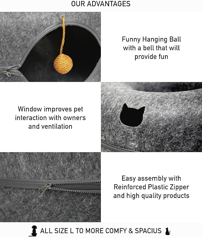 Large (24 Inch) Peekaboo Cat Cave for Multiple & Large Cats, Cat Caves for Indoor Cats Up to 30 Lbs, Scratch Detachable & Washable, Cat Tunnel Bed (Dark Grey)
