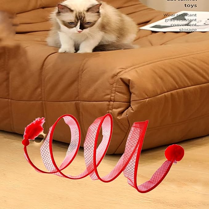 Cat Tunnel for Indoor Cats, S Type Foldable Cat Tunnel Red Cat Play Tunnels with Feather and Ball Interactive Cat Toys