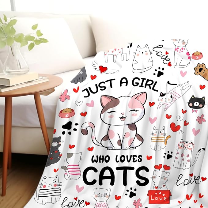 Cat Mom Blanket Just A Girl Who Loves Cat Throw Blanket Gifts for Cat Lovers Soft Flannel Animals Pet Pattern Gift for Kids Adults 80"X60"