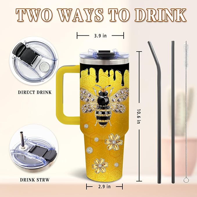 Bee Tumbler 40 Oz, Stainless Steel Insulated Mug with Glitter Accents, Empowering Bee Gifts for Women, Suitable for Nature Lovers, Feminine and Luxurious Gift for Her
