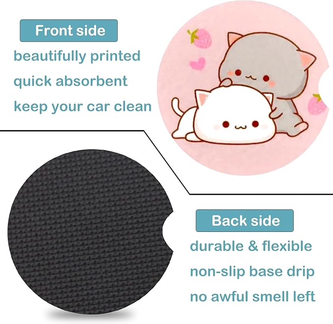 Car Coasters for Cup Holders,2 Pack Cat Car Cup Holder Coasters,2.75" Universal Size Anti Slip Rubber Mat,Automotive Cup Holder Decal Decor Accessories,Gifts for Cat Lovers Women,Men,Mom