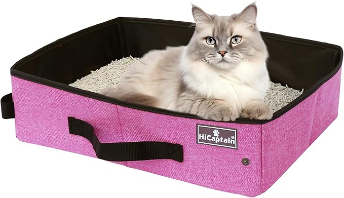 HiCaptain Portable Cat Litter Box for Travel, Collapsible Litter Box for Cats in Car,Traveling Litter Box Fit for Medium Cats and Kitties, Leak-Proof, Sturdy, Lightweight-Pink