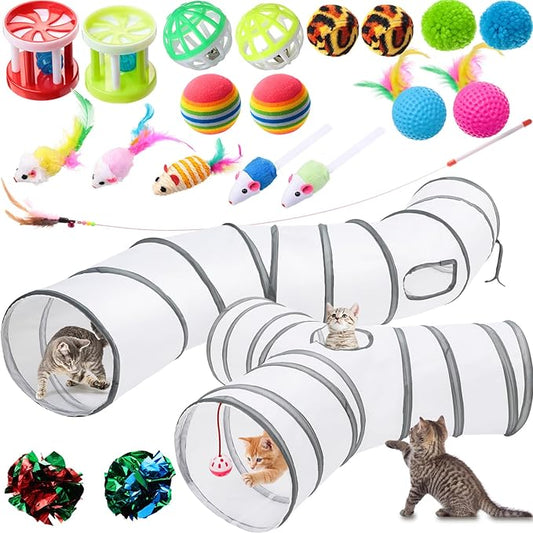 Poen 22pcs Cat Toys Kitten Toys Set with 2 Collapsible Cat Tunnel Toy and 20 Interactive Kitty Toys Cat Feather Toy, Fluffy Mouse, Crinkle Balls, for Cat Kitten Puppy (White)