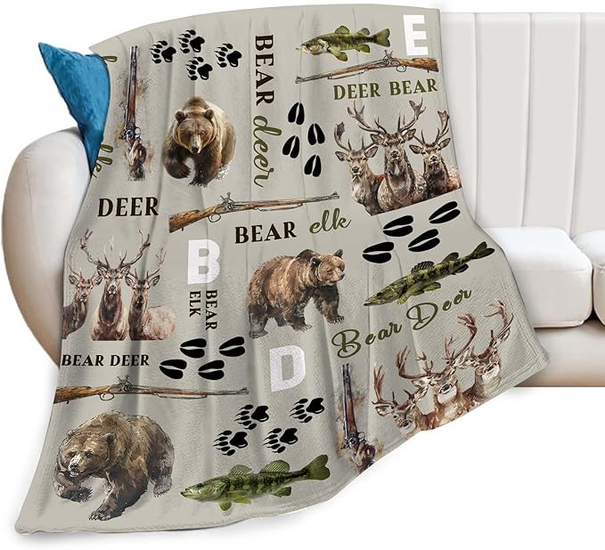 Hunting Deer Throw Blanket Bear Elk Blanket Gifts for Kids Girls Boys Adults Women Men Soft Cozy Warm Plush Fluffy Fuzzy Fleece Blanket Home Decor 40''X50''