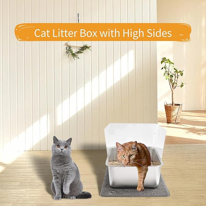 2 Sets Stainless Steel Litter Boxes, Metal Cat Litter Box Pan with High Wall Sides Non-Sticky Kitty Litter Box for Odor Control with Litter Scoop Easy Cleaning 19.7"x13.8"x5.9"