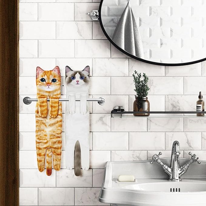 Cat Funny Hand Towels for Bathroom Kitchen- Cute Decorative Kitten Decor Hanging Face Towels- Unique Housewarming Valentines Mothers Birthday Gifts for Women Mom Cat Lovers