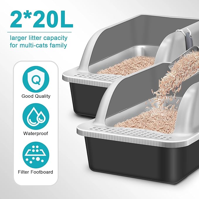 2 Pack Extra Large Stainless Steel Cat Litter Box with Lid, High Sided Metal Litter Box for Big Cats, Hooded Large Jumbo Litter Pan Tray with High Wall Enclosure with Scoop (Black Coated)