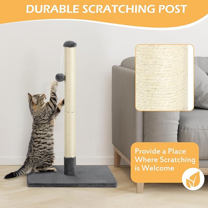 32" Tall Scratching Posts for Indoor Cats Adults Cat Scratchers with Interactive Hanging Toy Ball Cat Scratch Furniture Protector Scratcher Post with Stable Heavy Base, Dark Grey