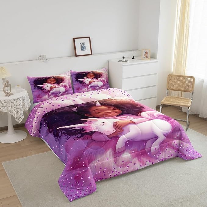 Black Cartoon Girl Comforter Set Full Size,Cute Unicorn Castle Princess Bedding Set,Girls Women Room Decor,Girls African Glitter Sequins Down Comforter,Purple Romantic Duvet Insert,2 Pillowcases
