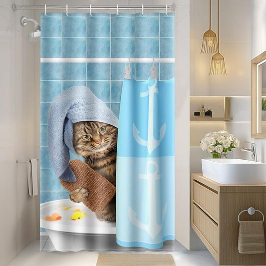 Aimego Stall Small Shower Curtain - Funny Bathing Cat Cute Kitten Taking Shower with Rubber Ducks Fun Narrow Half Fabric Cloth Bath Shower Curtain Set for Kids Bathroom Decor Accessories, 36"x72"