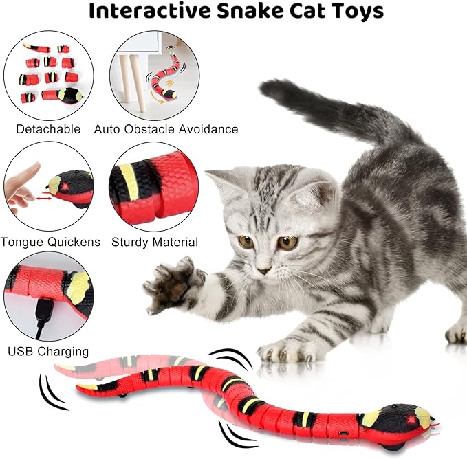 Snake Cat Toy, Smart Sensing Cat Toys for Cats, Rechargeable Automatically Sense Obstacle and Escape, Moving Electric Cat Snake Toy Prank Pet Gift with Infrared Induction