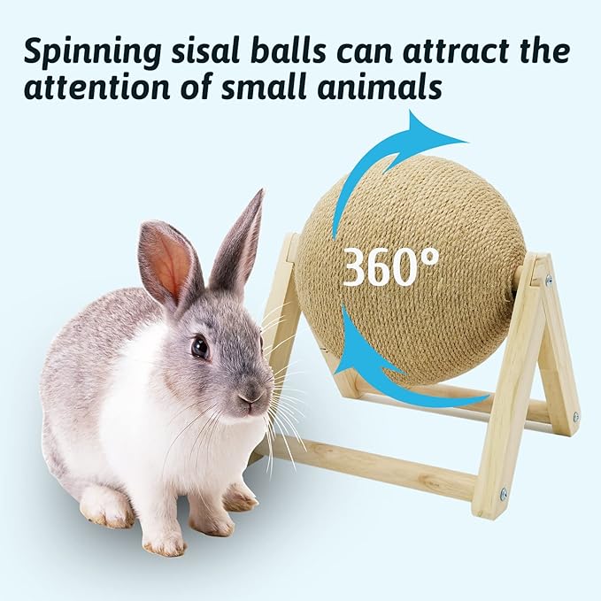 Fhiny Bunny Scratch Toy, Natural Solid Wood Sisal Scratching Ball for Indoor Kittens, Claws Scratching Ball for Kitten Bunny Guinea Pig Chinchilla Ferret or Other Small Animals (Medium)
