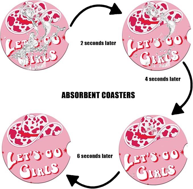 Car Cup Holder Coaster - Cow Hat Let's go Girl Women Absorbent Ceramic Coaster, Car Coasters for Cup Holders, Auto Accessories for Women & Men, Pack of 2