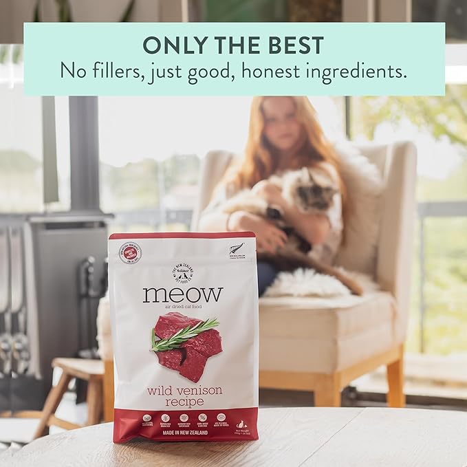 Meow Air Dried Cat Food - Venison Recipe, High Protein Dry Cat Food Use as a Complete Diet, Topper, Mixer, or as Cat Training Treats, All Life Stages, 26.5 oz