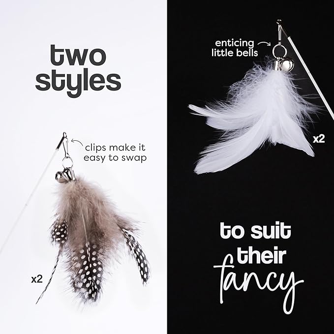 Cat Park Cat Wand Toys for Indoor Cats - 2PCS Interactive Cat Toy Wand with 4 Cat Feather Toys Refills, 27" Flexible Steel Wire, Sturdy Wood Handle & Bell, Fun Kitten or Cat Teaser Toy to Play, Chase