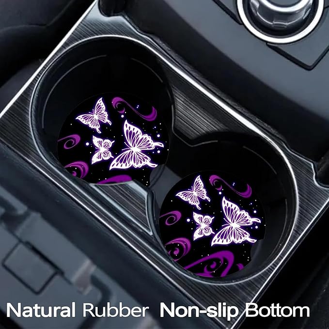 Car Coasters for Cup Holders,2 Pack Butterfly Car Cup Holder Coasters,2.75" Universal Size Anti Slip Rubber Mat,Automotive Cup Holder Decal Decor Accessories,Butterfly Gifts for Women,Mom