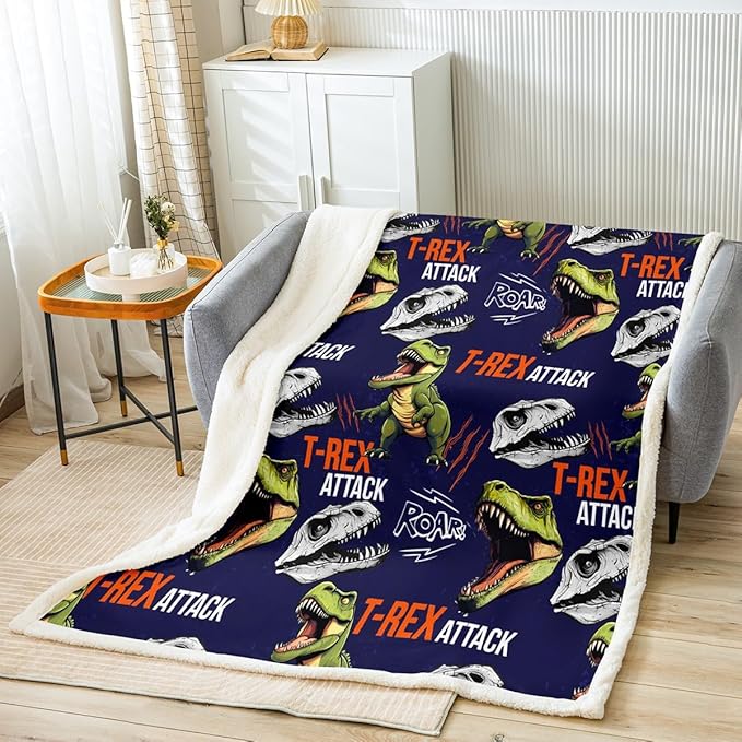Dinosaur Sherpa Blanket Horror T-Rex Plush Blanket Jungle Animals Pattern Fleece Throw Blanket for Sofa Couch Bed Cute Cartoon 3D Dinosaur Printed Fuzzy Blanket Ultra Soft Room Decor Throw 50x60 Inch