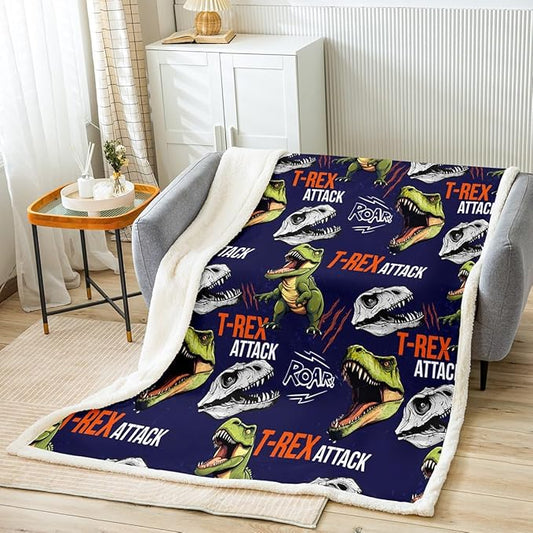 Dinosaur Sherpa Blanket Horror T-Rex Plush Blanket Jungle Animals Pattern Fleece Throw Blanket for Sofa Couch Bed Cute Cartoon 3D Dinosaur Printed Fuzzy Blanket Ultra Soft Room Decor Twin 60x80 Inch