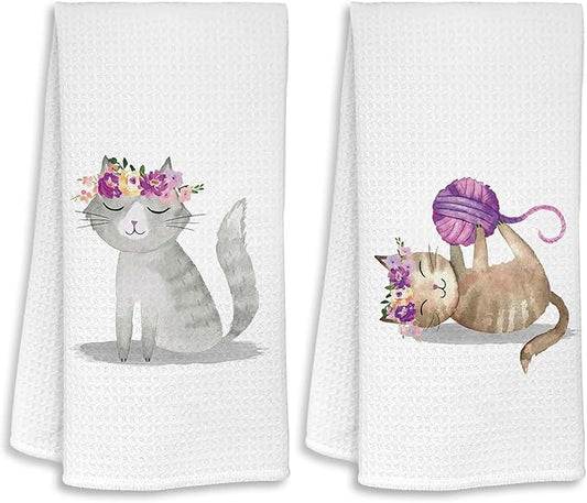 Cute Cat Kitchen Hand Towels Set of 2 Cat Lover Gifts for Women Cat Kitchen Accessories Cats Decoration for Cat Mom Cute Towels Decorative Set for Kitchen & Bathroom 16×24 Inch